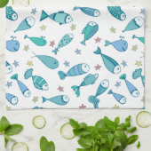 魚とヒトデの模様 キッチンタオル (折り畳み)