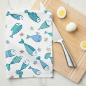 魚とヒトデの模様 キッチンタオル (四つ折り)