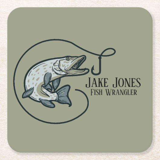 魚とフックパーソナライズされた スクエアペーパーコースター (正面)