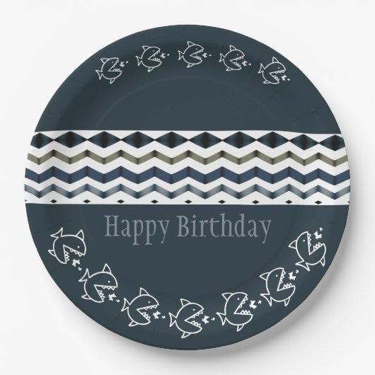 魚とブルーの波のパターン誕生日 ペーパープレート (正面)