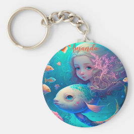 魚と一緒に泳ぐ人魚 キーホルダー
