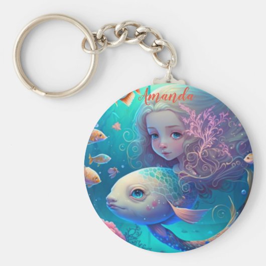 魚と一緒に泳ぐ人魚 キーホルダー (正面)