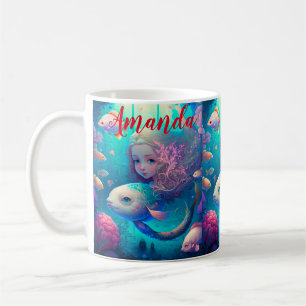 魚と一緒に泳ぐ人魚 コーヒーマグカップ
