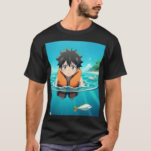 魚と一緒に海で泳ぐアニメの少年 – かわいいA Tシャツ (正面)