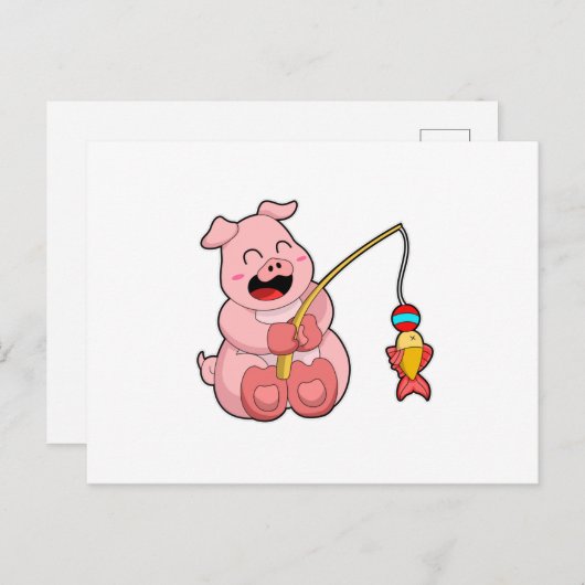 魚と一緒に釣りをしている豚 ポストカード (正面/裏面)