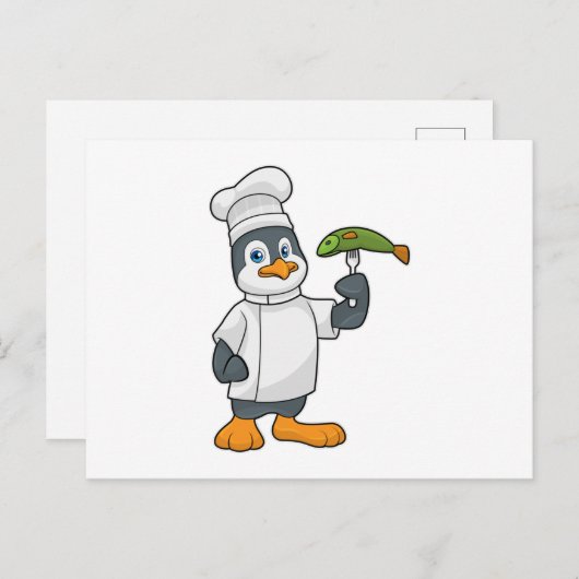魚と料理用エプロンで調理するペンギン ポストカード (正面/裏面)