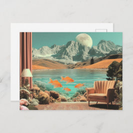 魚と月光の風景のあるシュールなインテリア ポストカード