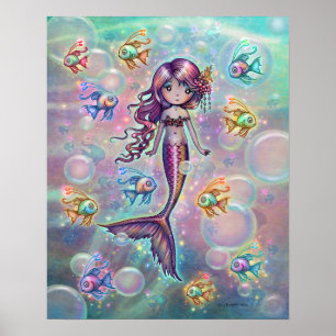 魚と泡立つ幻想的なピンク色の小さな人魚 ポスター