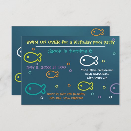 魚と泡 – 3 x 5 B-dayプールパーティの招待状 招待状 (正面/裏面)