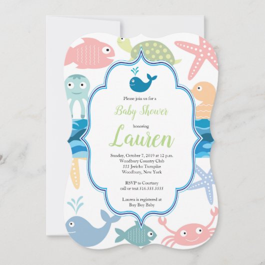 魚と海の生き物の赤ちゃんシャワーの招待。 招待状 (正面)