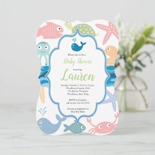 魚と海の生き物の赤ちゃんシャワーの招待。 招待状 (スタンド正面)