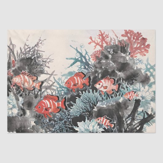 魚と珊瑚の水墨画 薄葉紙 (正面)