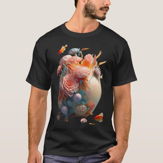 魚と花の彫刻 Tシャツ (正面)