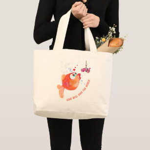 魚と虫おもしろい愛ロマンチックな漫画トートバッグ ラージトートバッグ