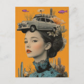 魚と車のある砂漠の女性 超現実的コラージュ ポストカード (正面)