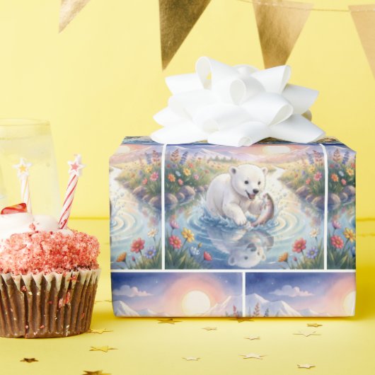 魚と遊ぶホッキョクグマの子熊 ラッピングペーパー (誕生日パーティー)