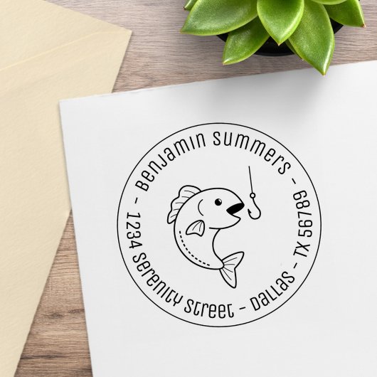 魚と魚釣りフックの丸い住所 ラバースタンプ