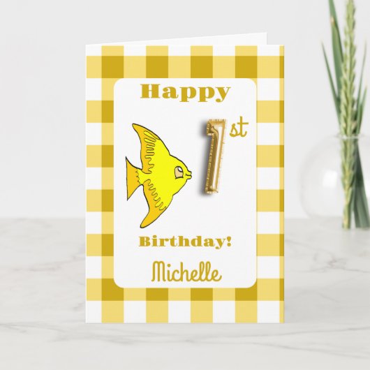 魚と黄色ギンガム風バルーン ナンバー 1歳の誕生日 カード (正面)