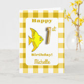魚と黄色ギンガム風バルーン ナンバー 1歳の誕生日 カード (黄色い花)