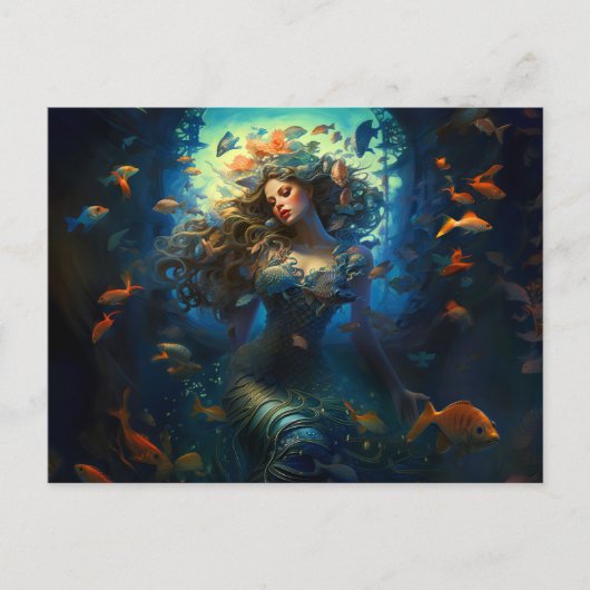 魚に囲まれた海の精 ファンタジー絵画 ポストカード (正面)