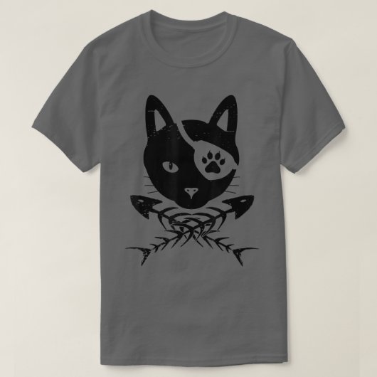 魚のおもしろい骨と猫の頭ハロウィーンの衣装Ca Tシャツ (デザイン正面)