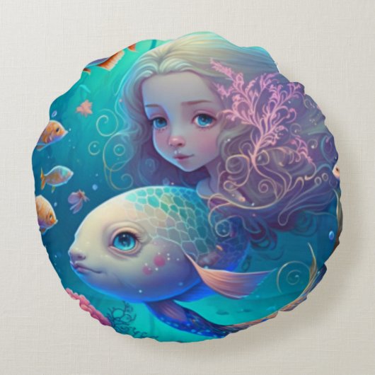 魚のかわいい丸い枕で泳ぐ人魚 ラウンドクッション (裏面)