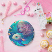 魚のかわいい壁時計と一緒に泳ぐ人魚 ペーパープレート (パーティー)