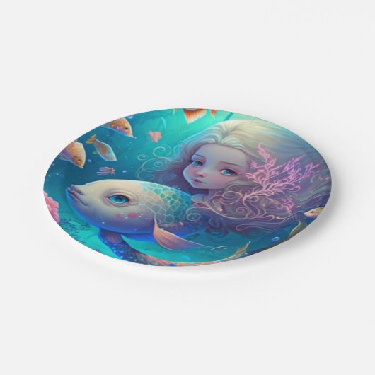 魚のかわいい壁時計と一緒に泳ぐ人魚 ペーパープレート (アングル)