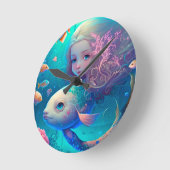 魚のかわいい壁時計と一緒に泳ぐ人魚 ラウンド壁時計 (傾斜)