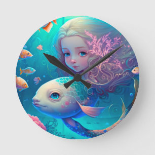 魚のかわいい壁時計と一緒に泳ぐ人魚 ラウンド壁時計