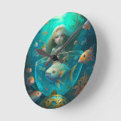 魚のかわいい壁時計と一緒に泳ぐ人魚 ラウンド壁時計 (傾斜)
