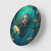 魚のかわいい壁時計と一緒に泳ぐ人魚 ラウンド壁時計 (傾斜)