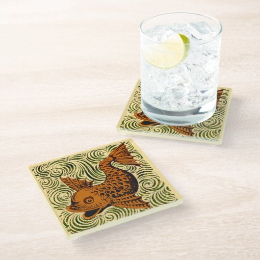 魚のアンティークタイル古いアート古代 ガラスコースター (アングル)