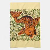 魚のアンティークタイル古いアート古代 キッチンタオル (縦)