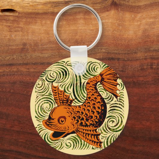 魚のアンティークタイル古いアート古代 キーホルダー (正面)