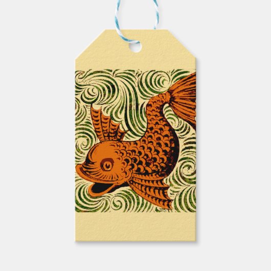 魚のアンティークタイル古いアート古代 ギフトタグ (正面)