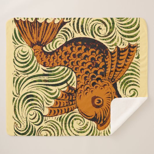 魚のアンティークタイル古いアート古代 シェルパブランケット (正面(横))