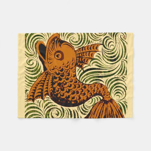 魚のアンティークタイル古いアート古代 フリースブランケット (正面(横))