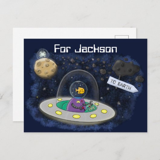 魚のエイリアン宇宙船の漫画イラストレーション ポストカード (正面/裏面)