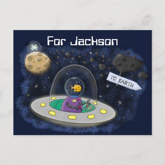 魚のエイリアン宇宙船の漫画イラストレーション ポストカード (正面)