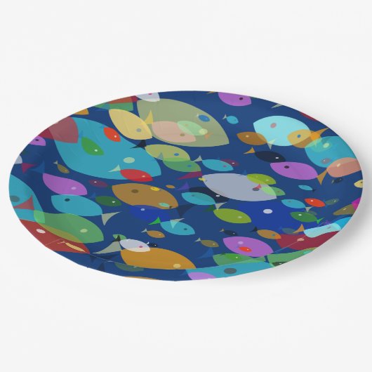魚のカラフル抽象芸術模様（青） ペーパープレート (アングル)