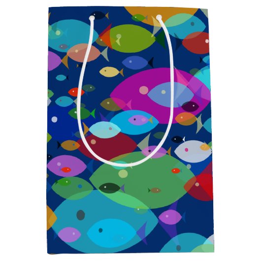 魚のカラフル抽象芸術模様（青） ミディアムペーパーバッグ (正面)