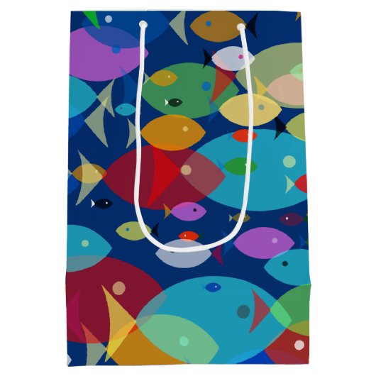 魚のカラフル抽象芸術模様（青） ミディアムペーパーバッグ (裏面)