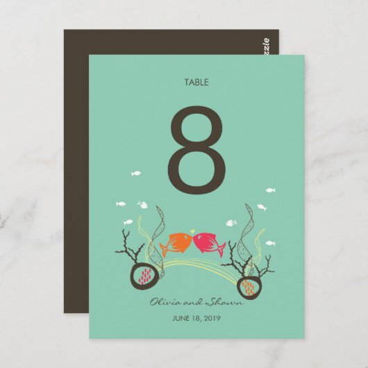 魚のキスをするサンゴのビーチ結婚式表の番号 ポストカード (正面/裏面)