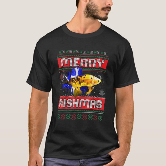 魚のクリスマスセーター 丑い ベタ フィッシング パジャ Tシャツ (正面)