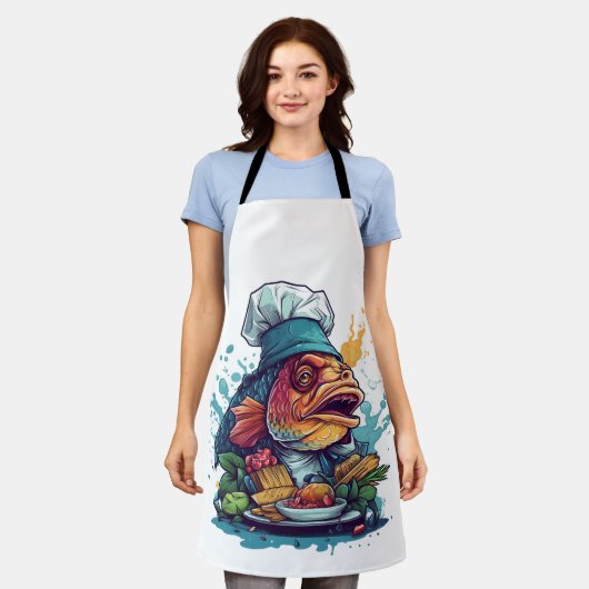 魚のシェフ素晴らし野生動物ラブリーフィッシュ エプロン (着用した状態)