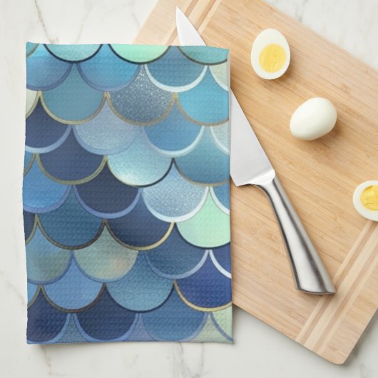 魚のスケールパターンブルースカイ背景ゴールデン キッチンタオル (四つ折り)