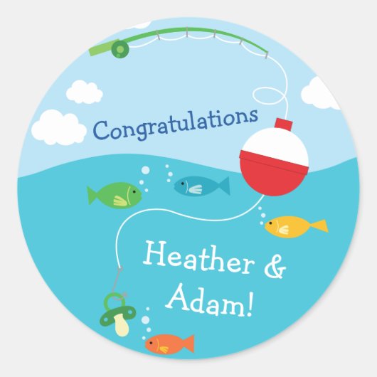 魚のテーマ魚釣り漁師用ベビーシャワー ラウンドシール (正面)