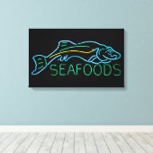 魚のネオンの看板のある海 キャンバスプリント (インサイチュ (ウッドフロア))