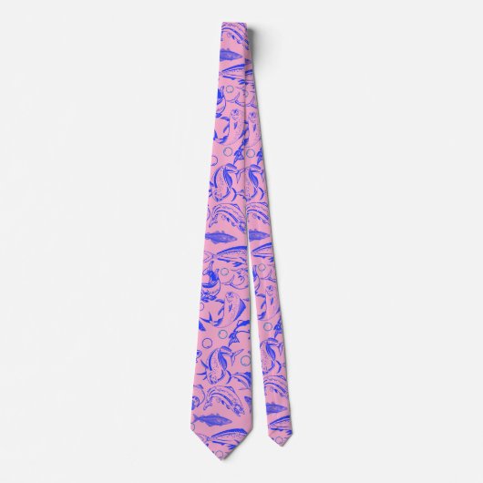 魚のパターン青10.bピンクBG ネクタイ (正面)
